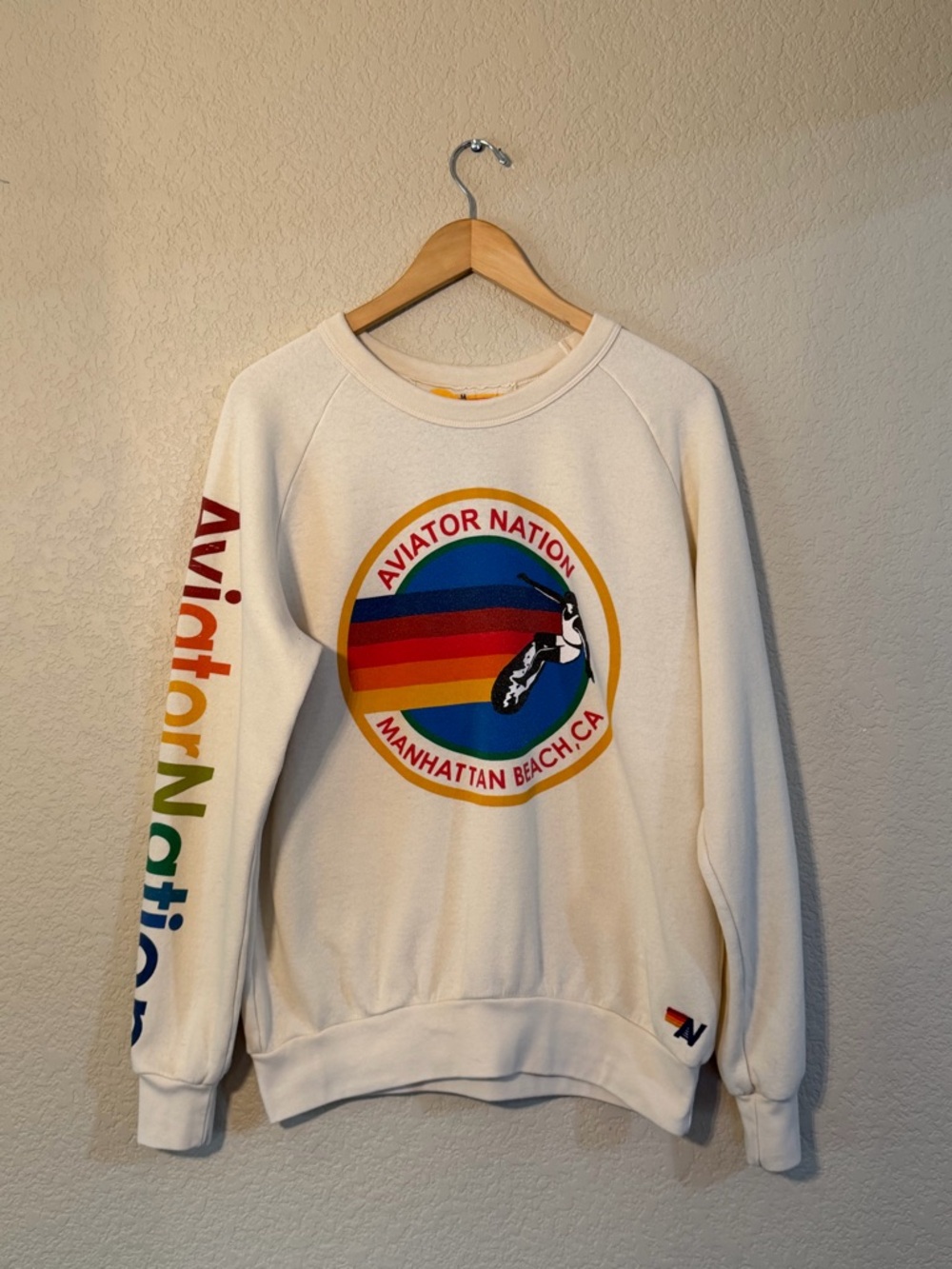 Aviator Nation Ivory Manhattan Beach CA Surfing Graphic Crew Sweatshirt Sz MD